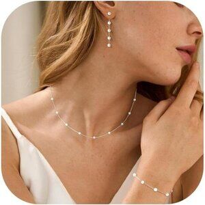 3 Piece Pearl Silver Jewelry Set for Women Dainty Necklace Earrings Bracelet